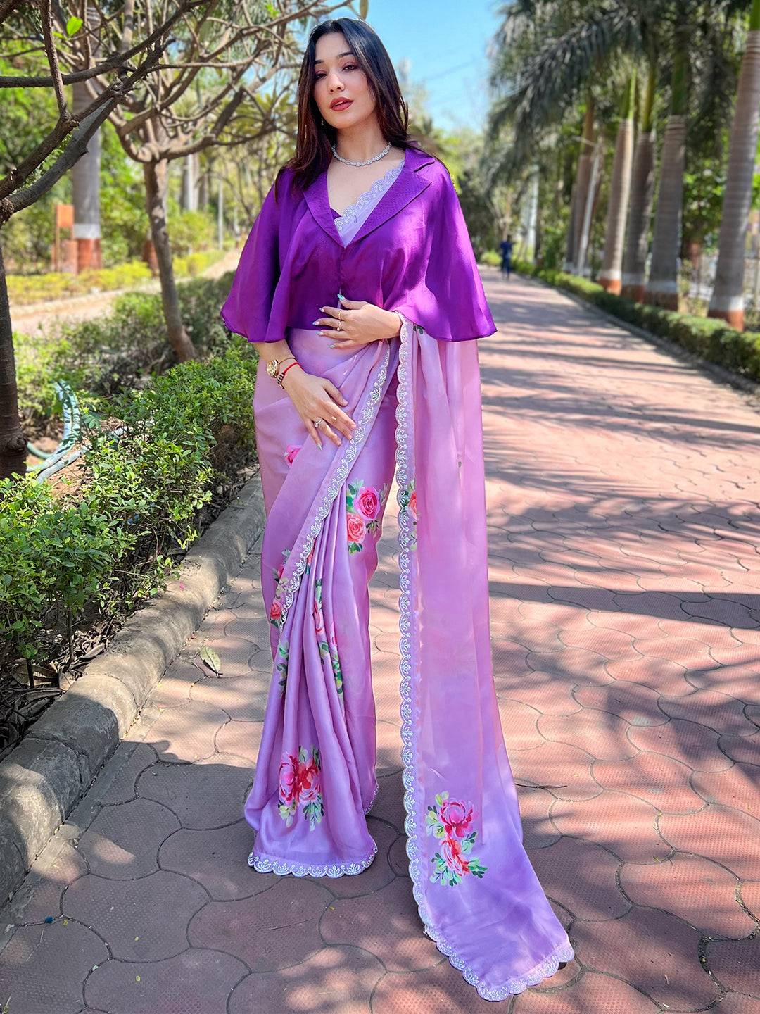 Satin georgette saree with floral design and Swarovski zircon border