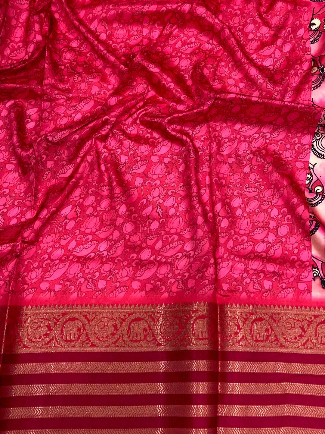 Rose Pink Kalamkari Printed Banarasi Saree
