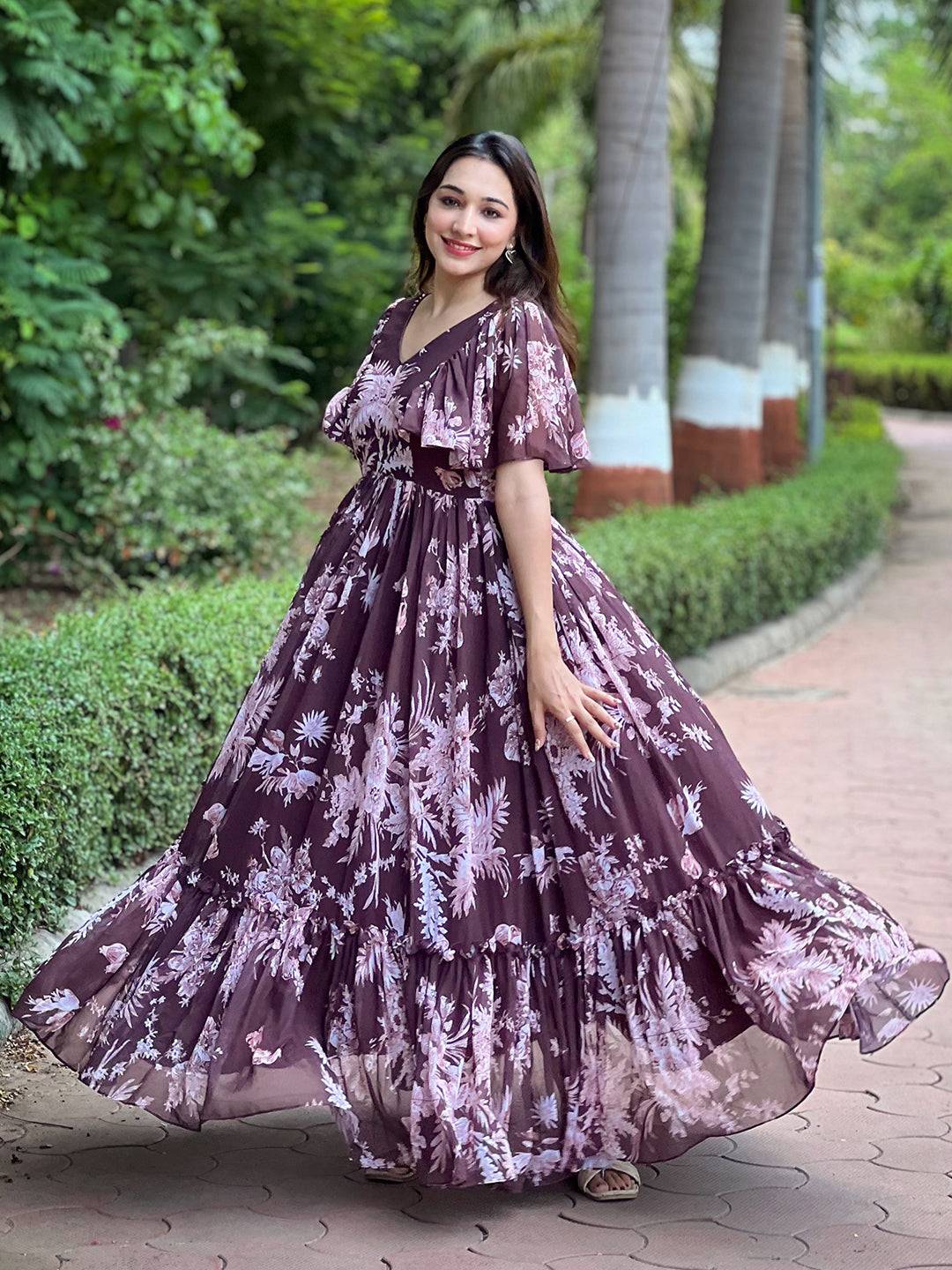 Ruffled sleeve Antheaa Coffee Maxi dress