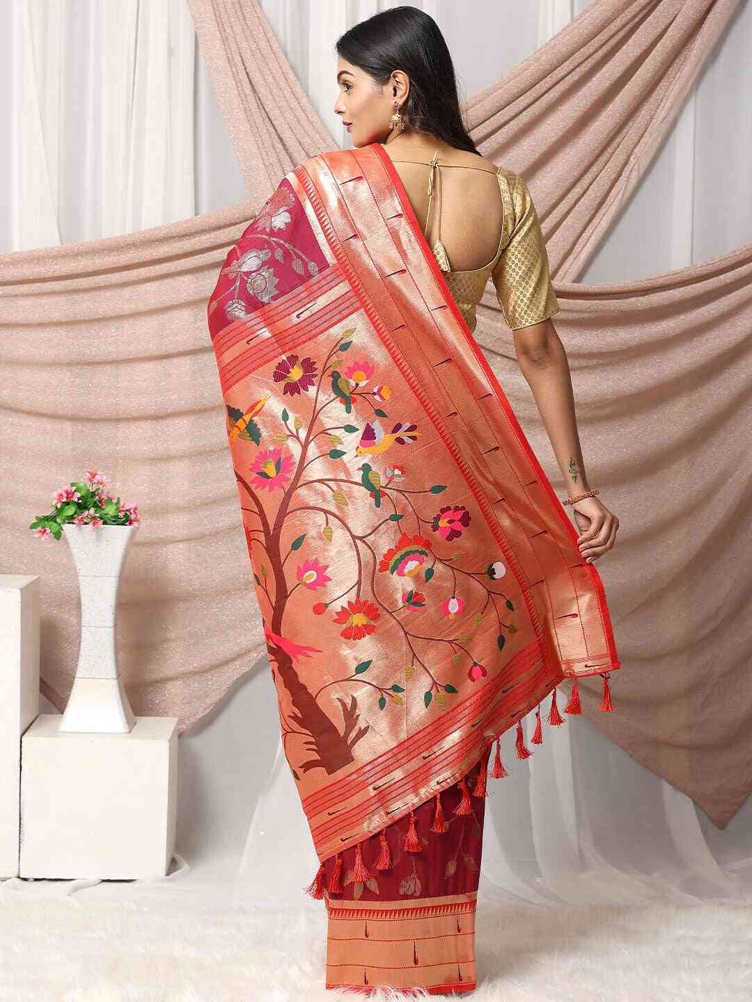 Woven Zari Paithani Silk Saree In Maroon Colour
