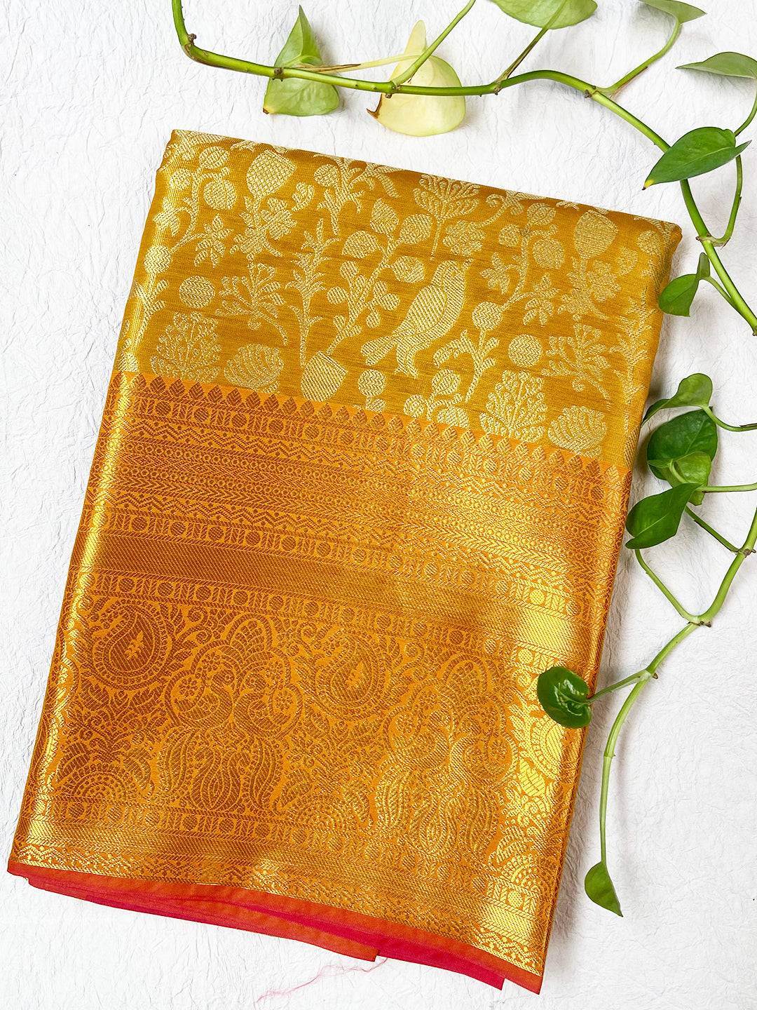Mustard Yellow Kanjivaram With Golden Zari Work Saree