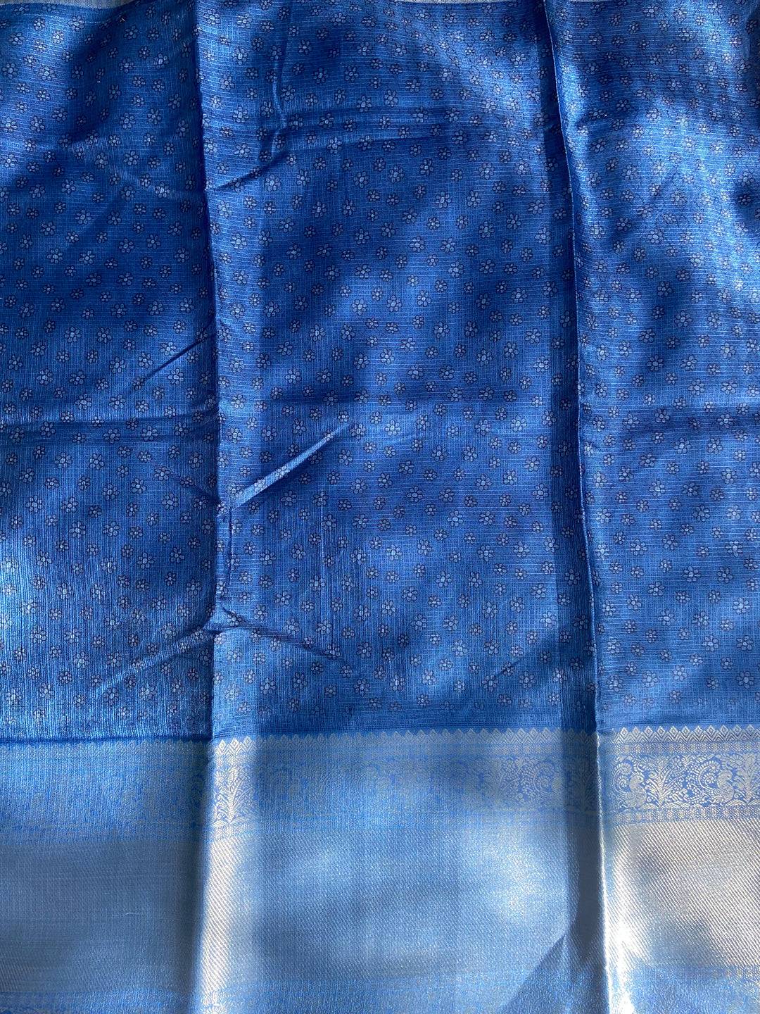 Blue patterned section of Muvel Kota Doriya saree with subtle design