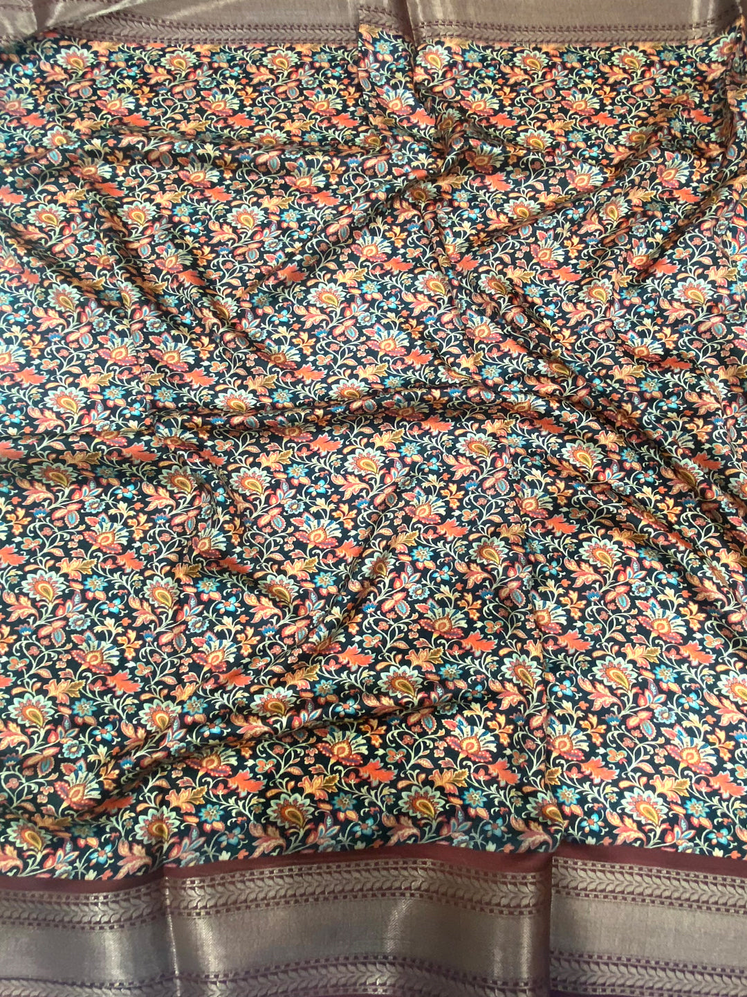 Brown Mughal Kalamkari Print Pashmina Saree