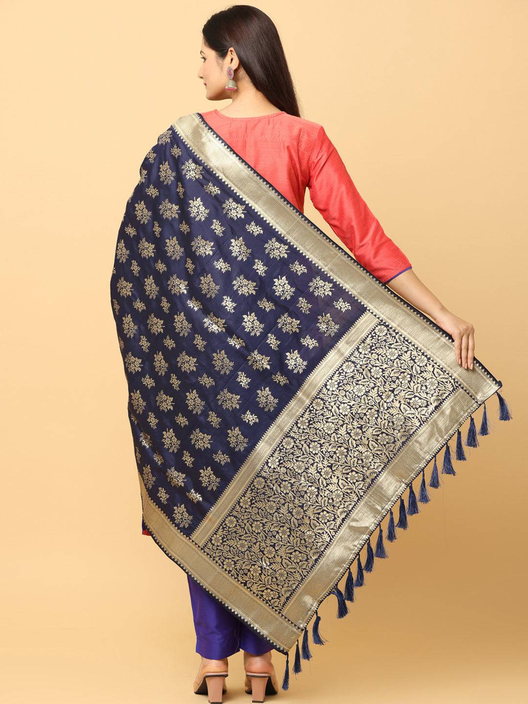 Back view of navy silk blend dupatta with intricate design