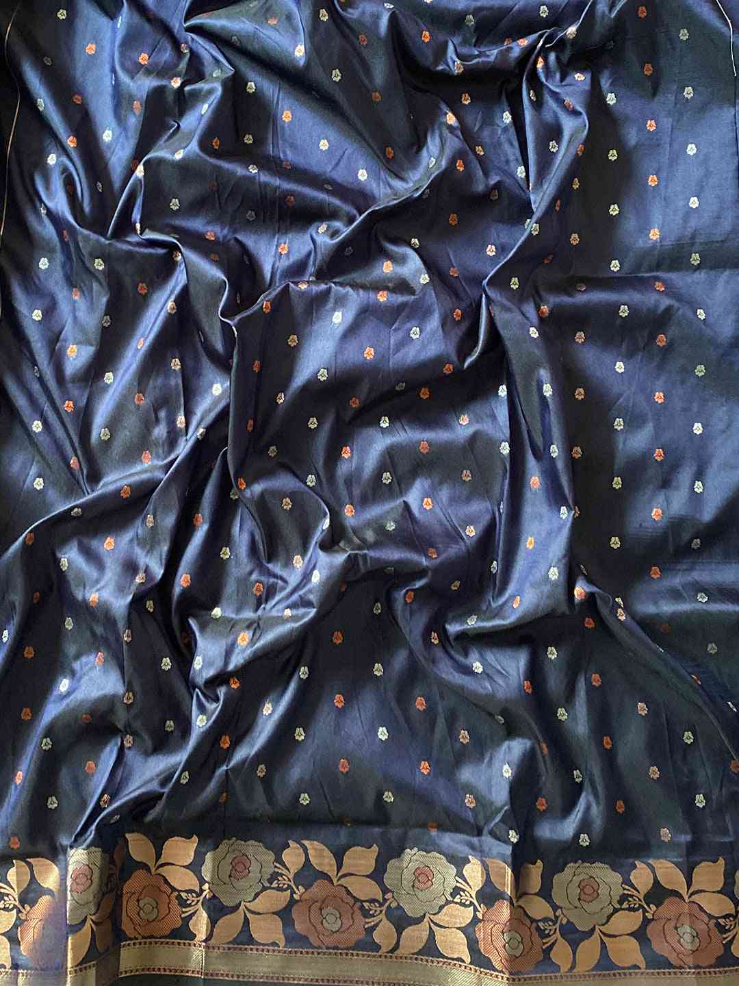 Close-up of Navy Blue Banarasi Silk Saree with Zari Details