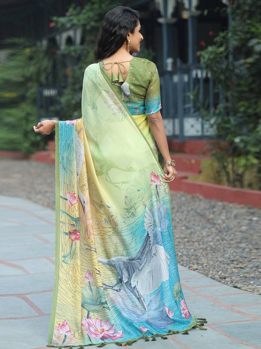 Beautiful Satin Georgette Pista Colour Hand Print Saree