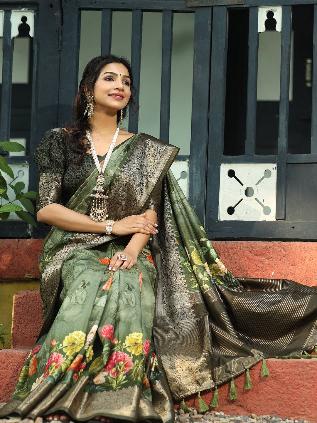 Dark Green Colour Pure Viscose Dola Silk Floral Print Saree