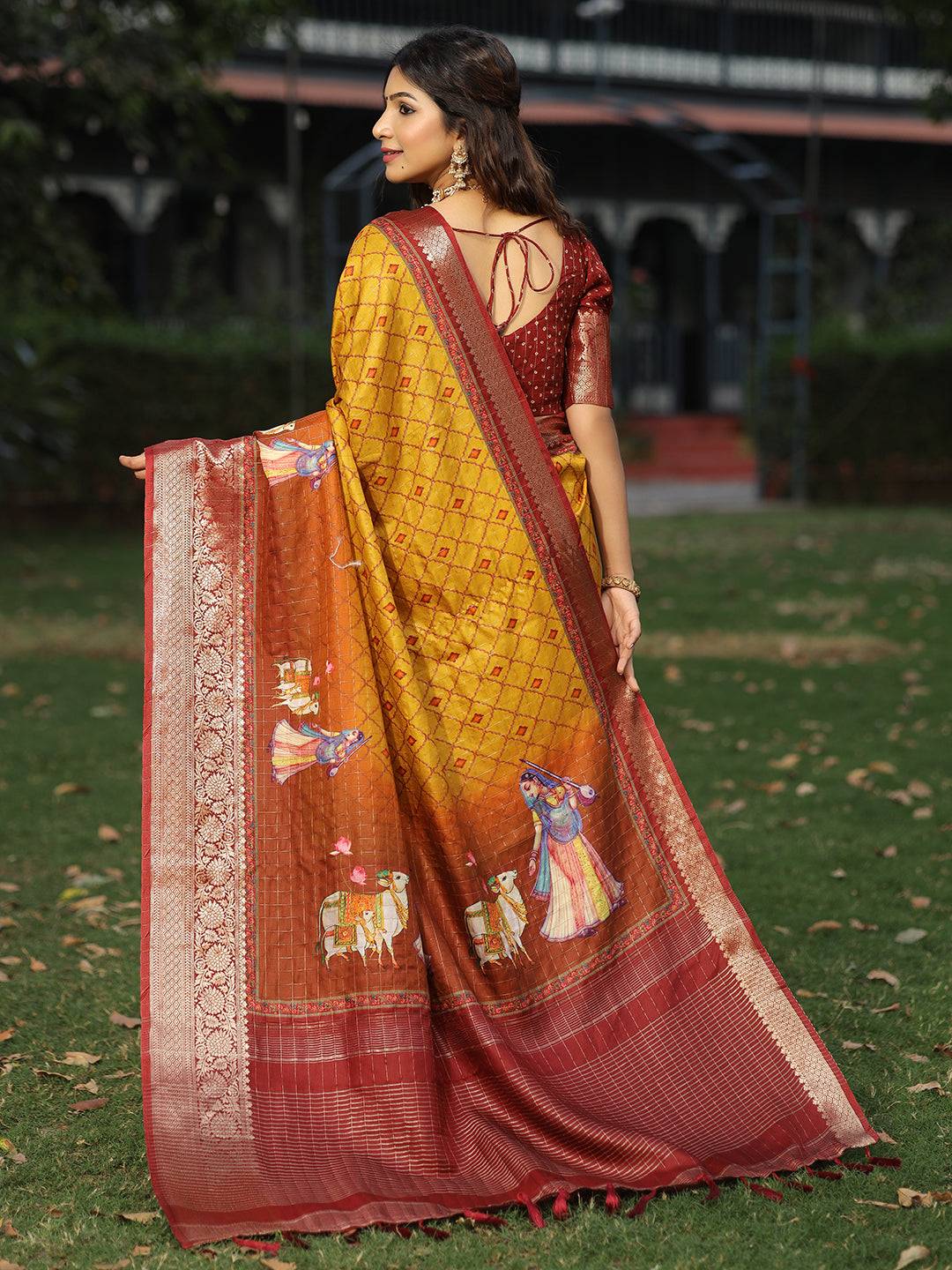 Mustard Colour Viscose Dola Silk Saree With Mughal Motifs