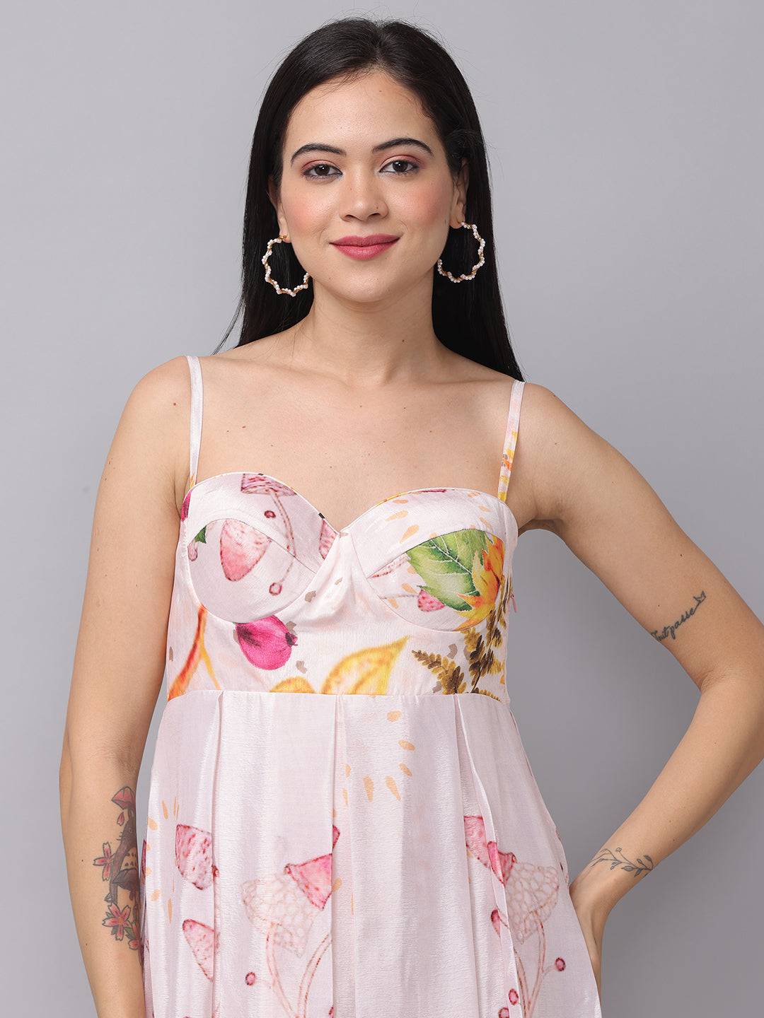 Close-up of floral chiffon dress with sweetheart neckline