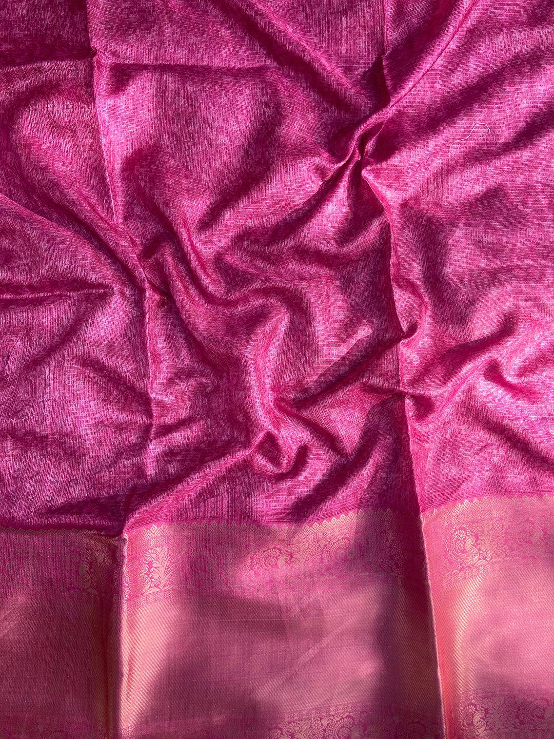 Textured pink fabric of Blue Kota Doriya saree with gold zari border