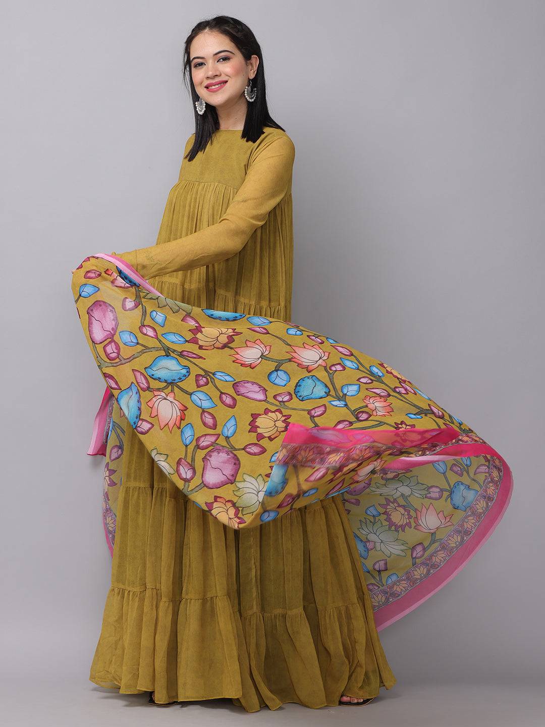 Mustard olive dress showcasing floral scarf