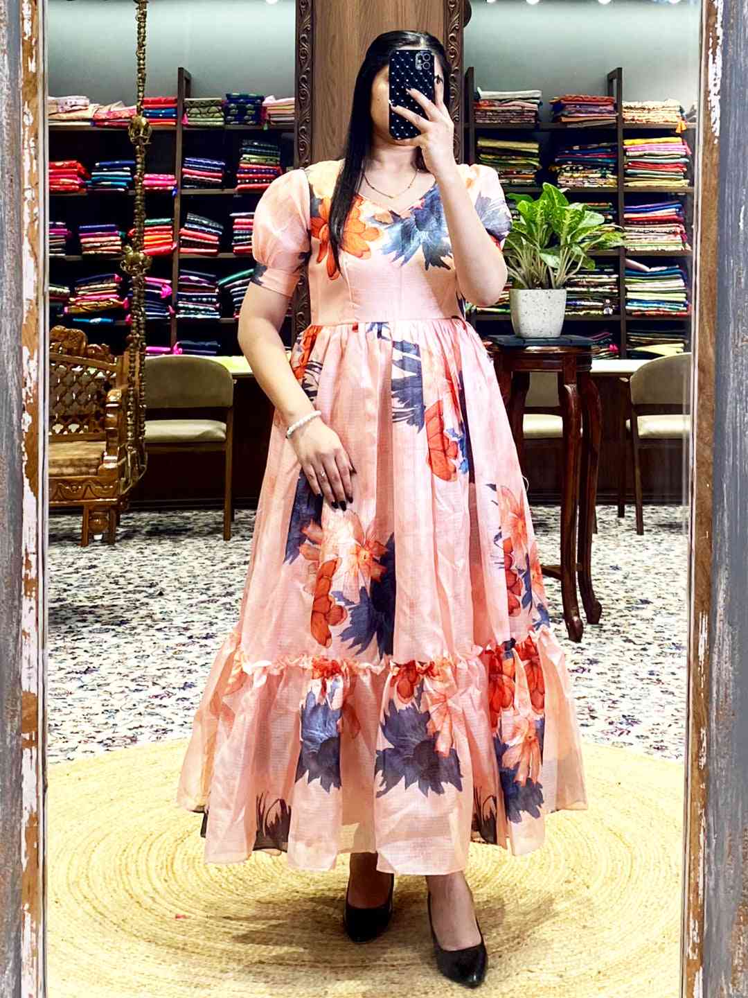 Pastel Peach Floral Print Midi Dress