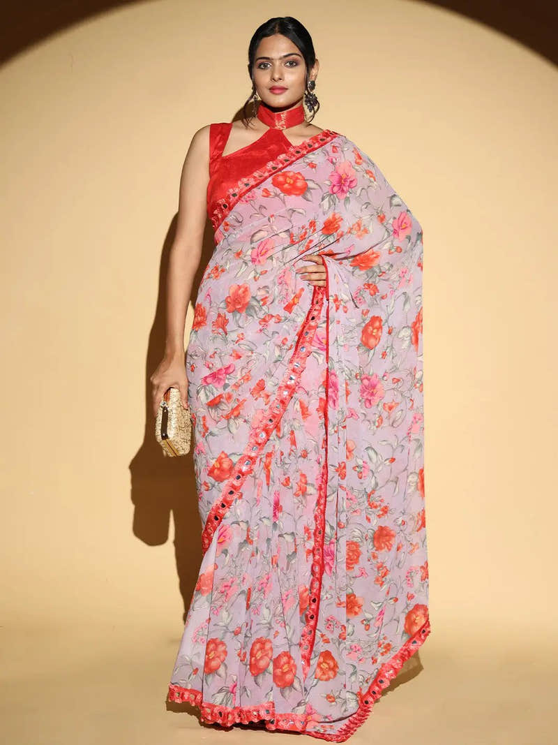 Soft Georgette Lavender Colored Party Wear Designer Saree