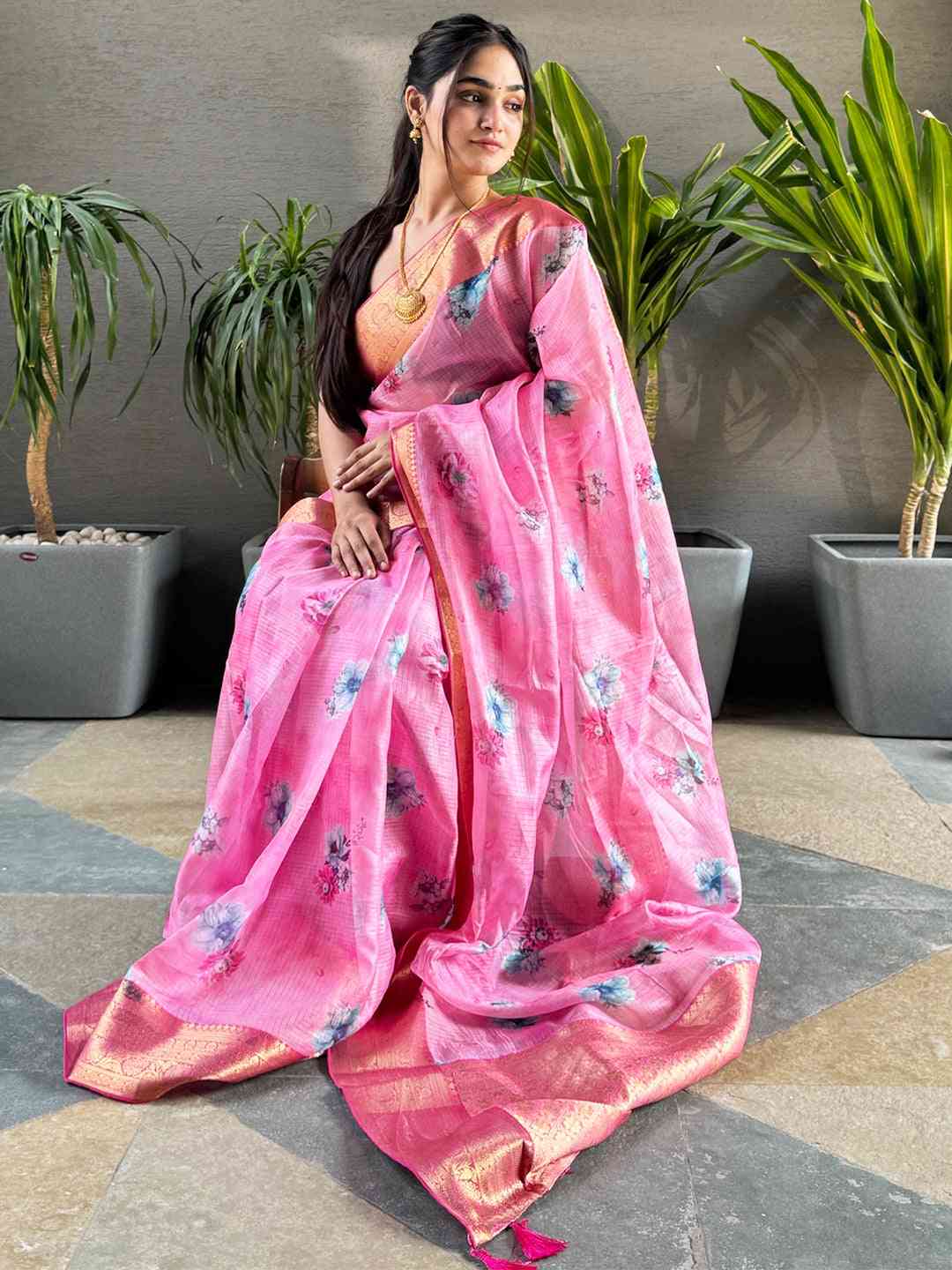 Pink Kota silk saree with floral design and gold border