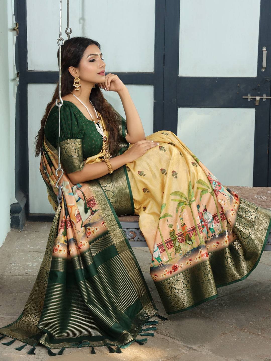 Viscose Dola Silk Yellow Saree with Floral and Mughal Print