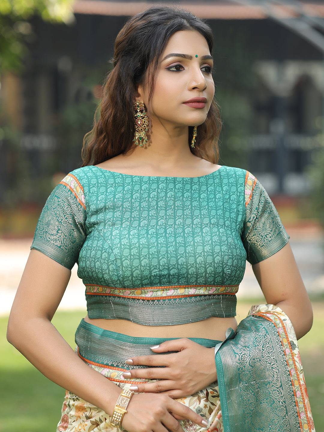 Sea Green Colour Phulkari Design Zari Weaving Pallu Saree