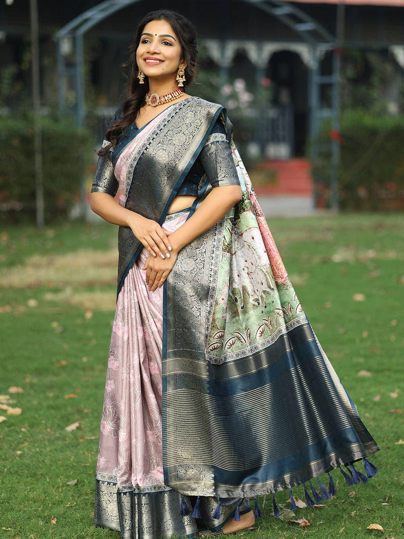 Light Purple Batik Pen kalamkari Saree With Zari Weaving