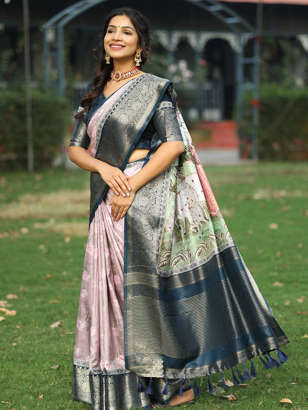 Light Purple Batik Pen kalamkari Saree With Zari Weaving