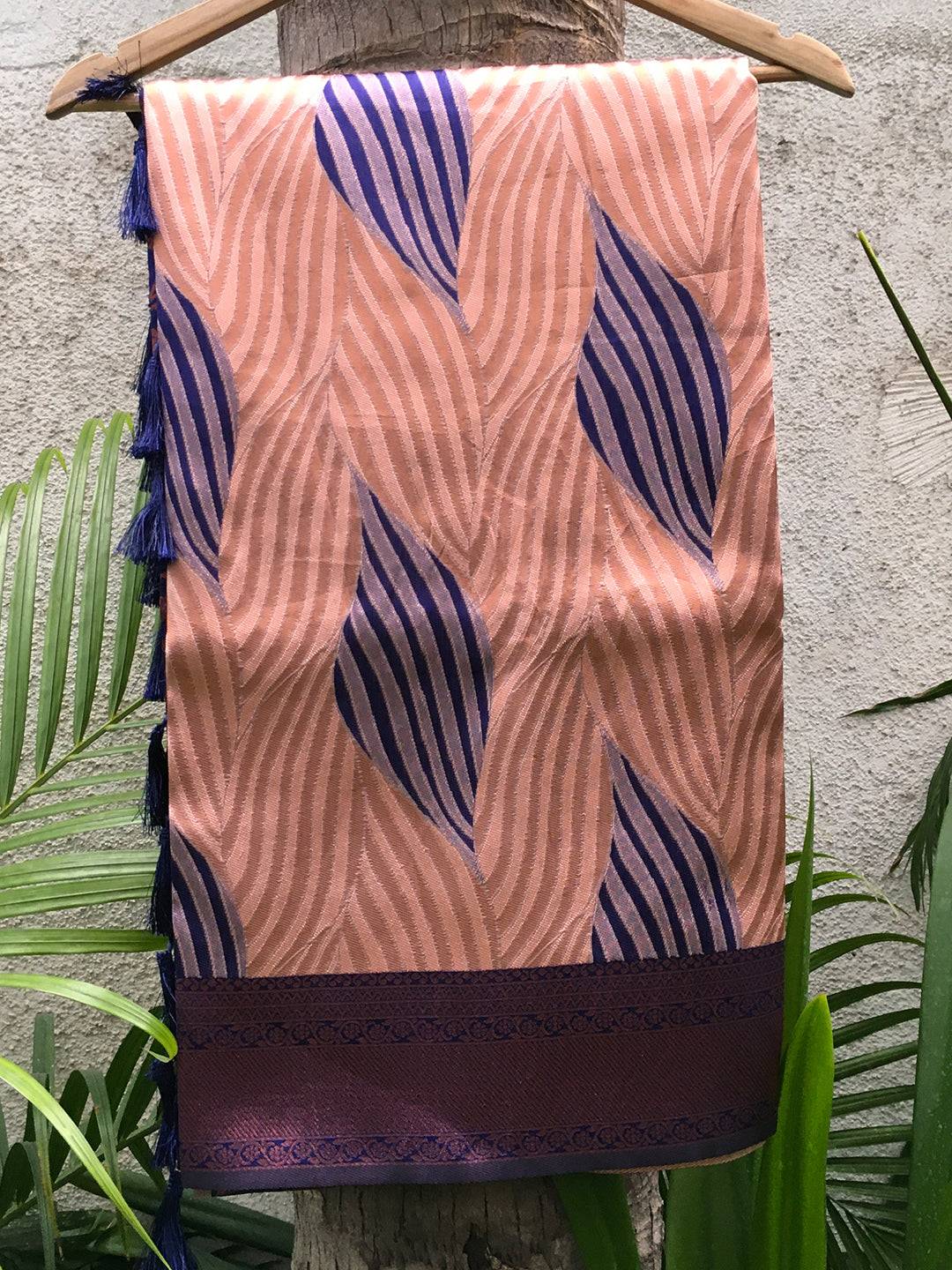 Close-up of Peach Tussar Silk Abstract Print Ikkat Saree