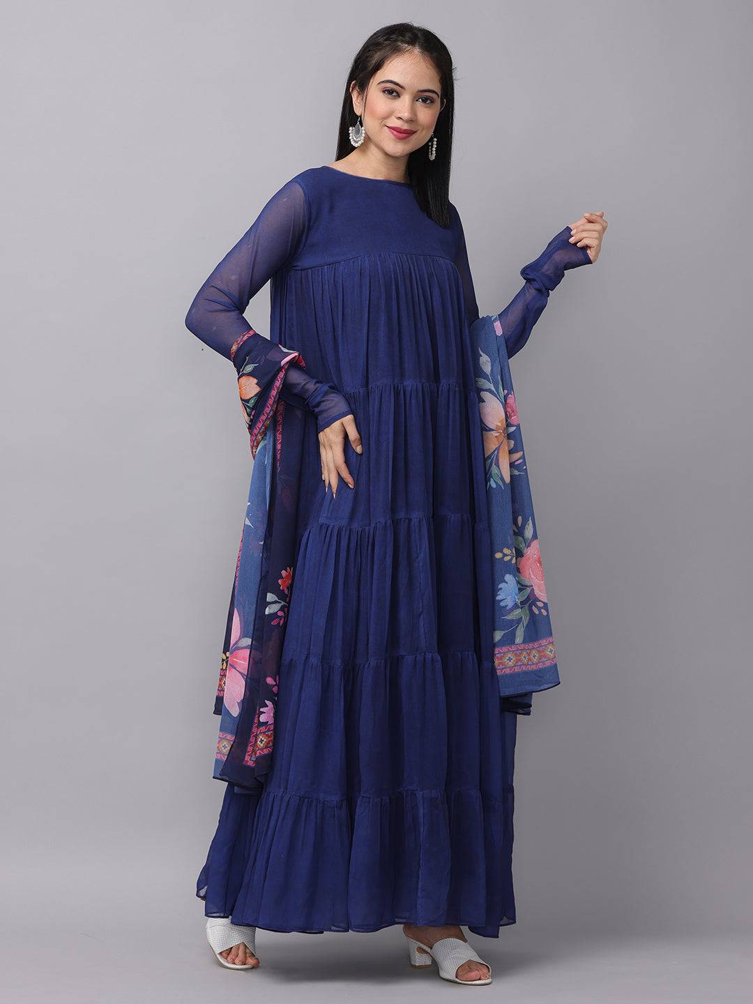 Royal Sapphire Blue Dress showcasing floral dupatta