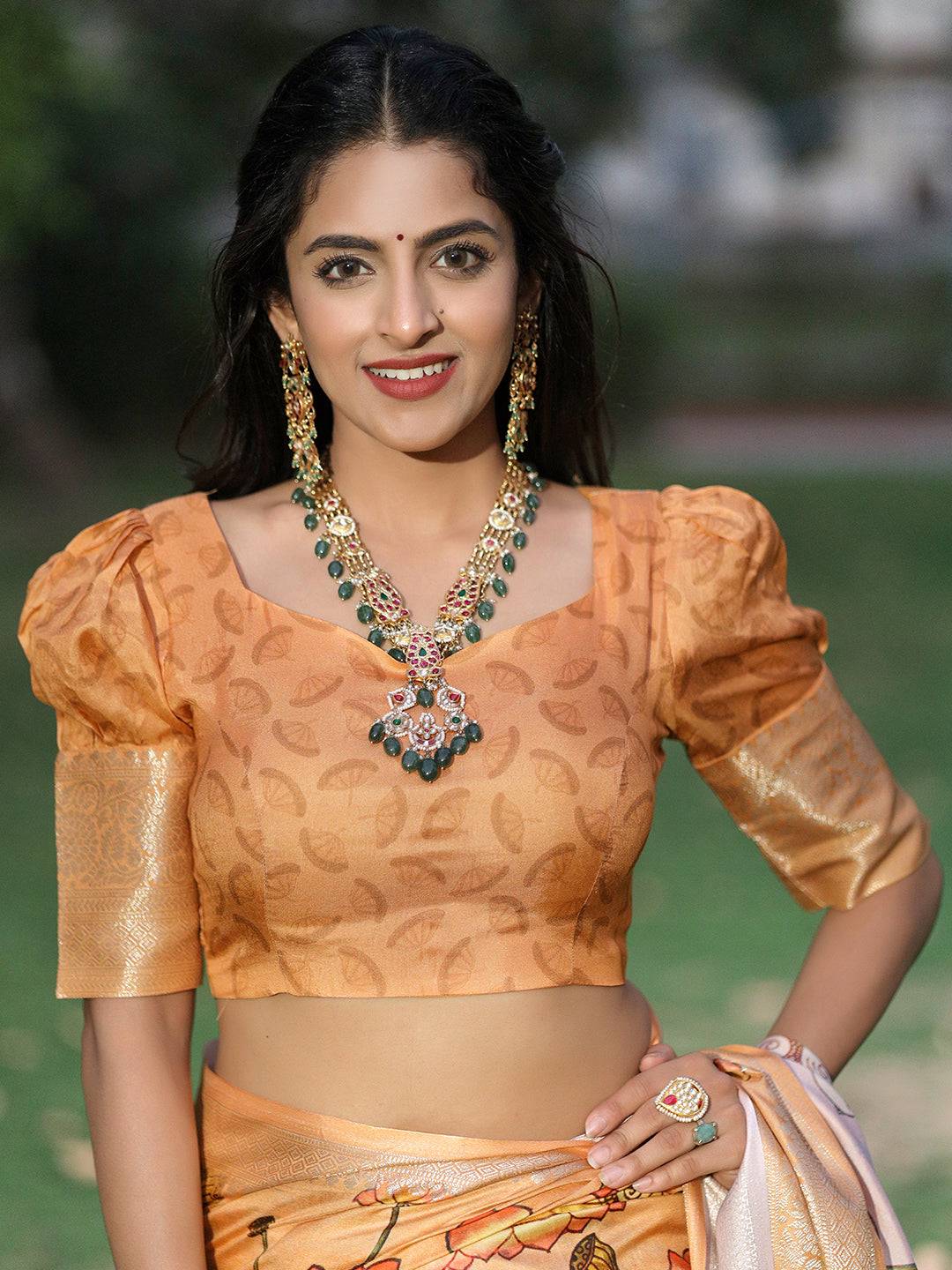 Peach Viscose Dola Silk Saree With Pichwai And Mughal Print