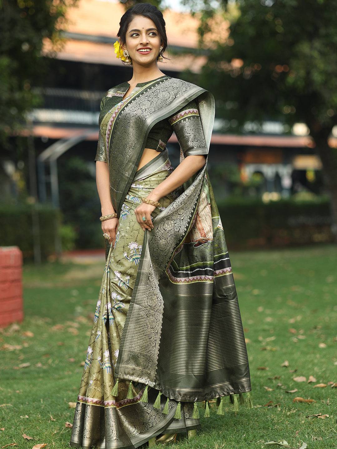 Green Colour Batik Pen kalamkari Saree With Zari Weaving