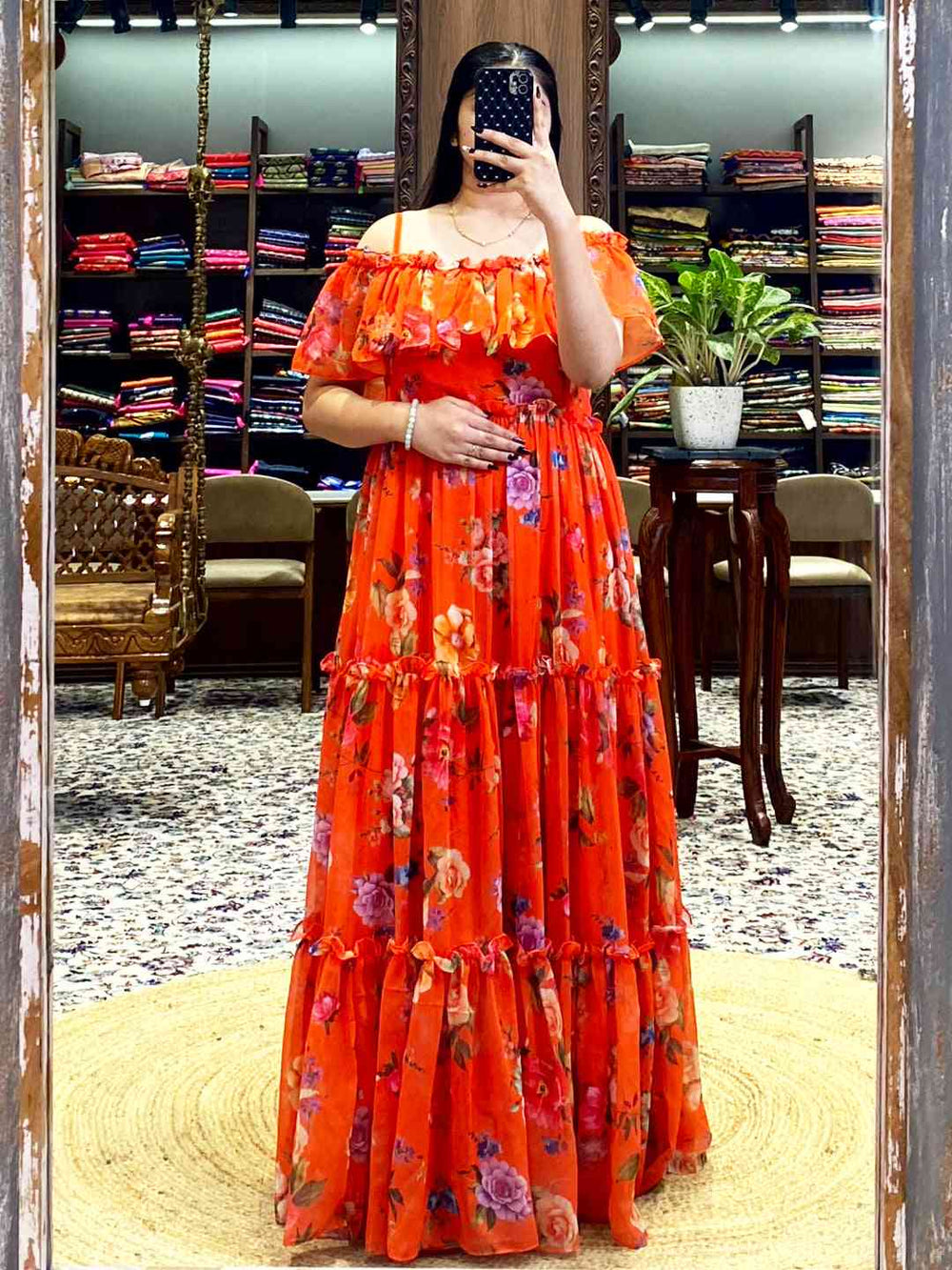 Sunny Orange Georgette Floral Dress
