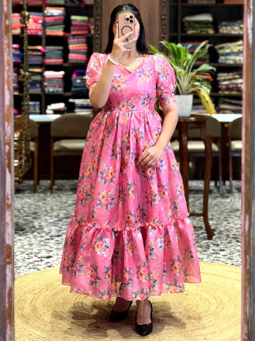 Pink Floral Print Midi Dress