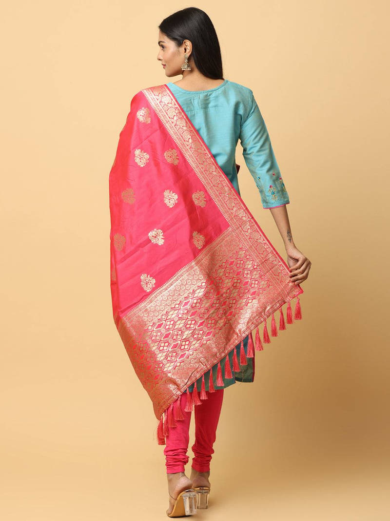 Back view of pink silk blend woven dupatta with tassels