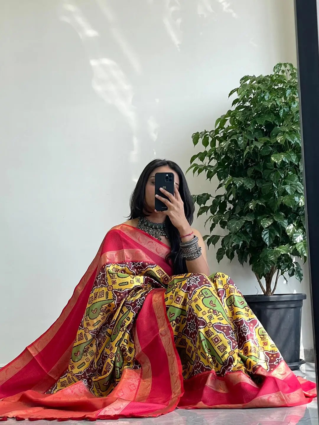 Stylish soft silk saree with colorful Pochampally print.