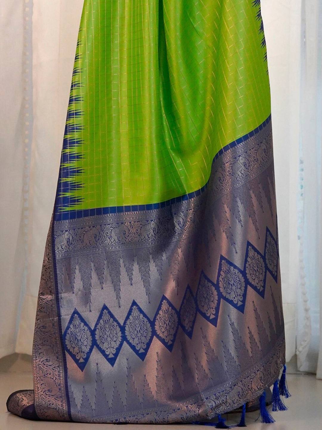 Detailed view of green saree with blue and silver border