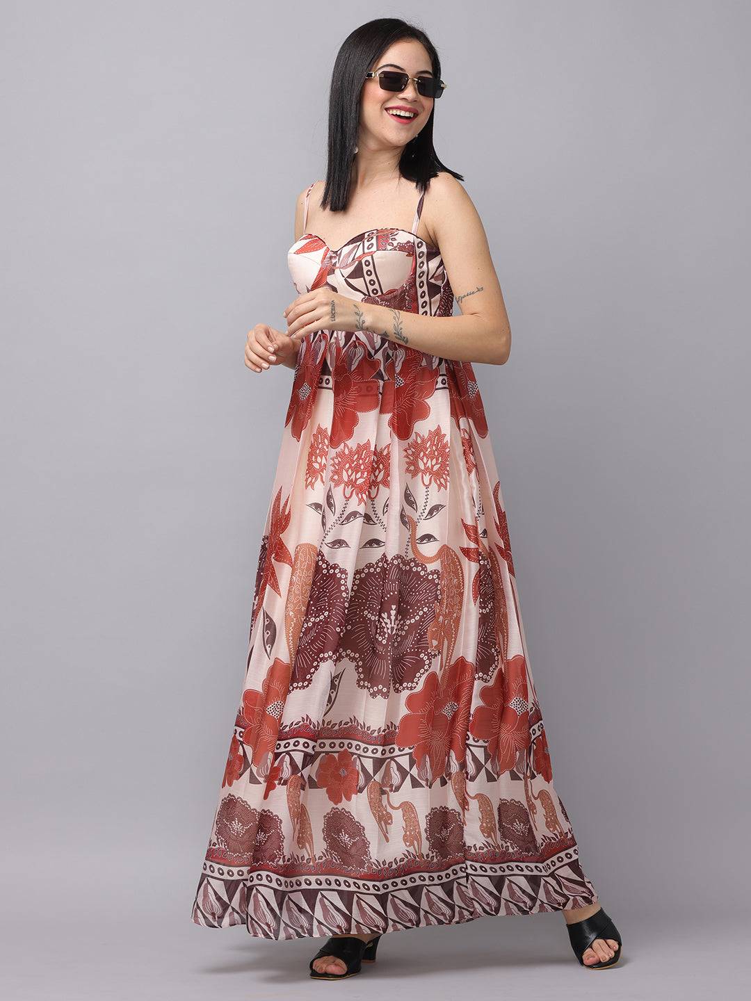 Side view of blush cream floral print dress