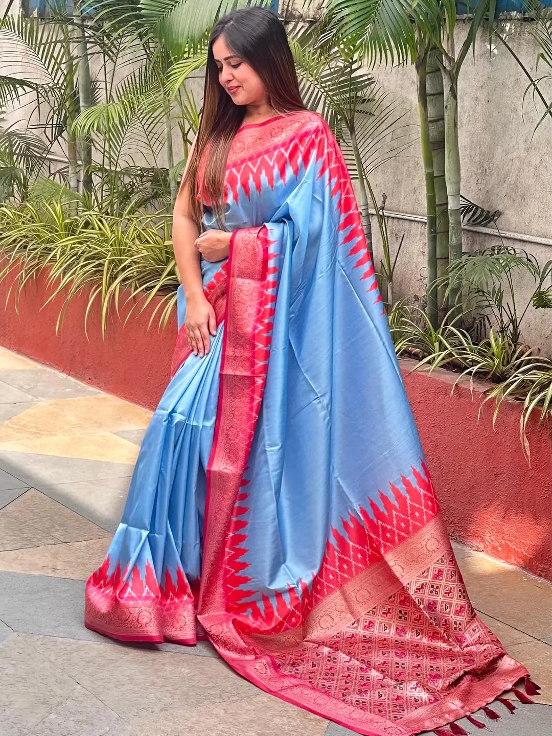 Traditional Banarasi silk saree, blue with red jacquard design