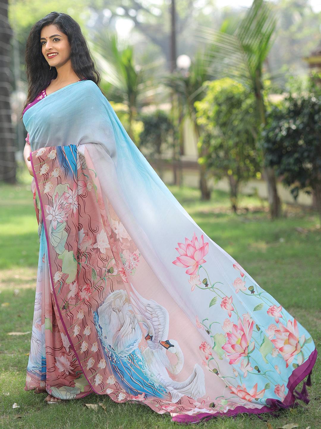 Latest Satin Georgette Sky Blue Colour Hand Print Saree