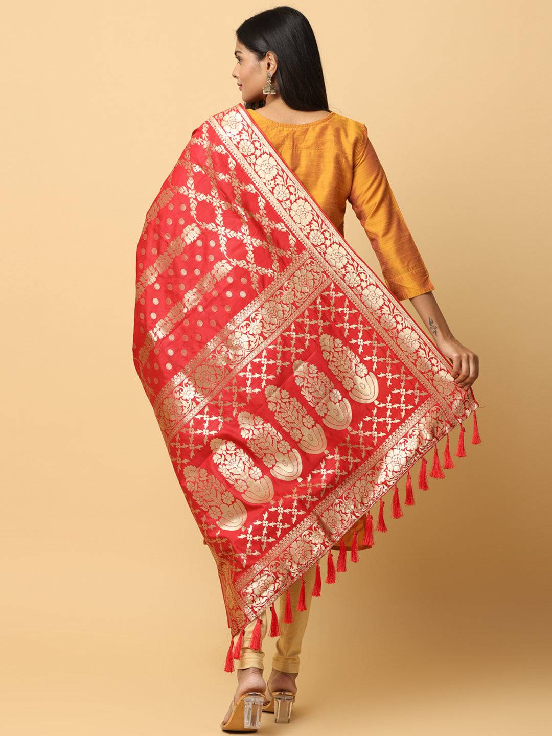 Back view of red woven design silk blend dupatta