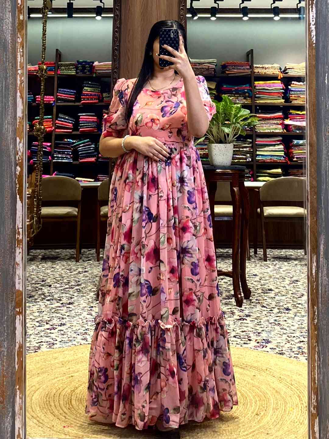 Salmon Pink Floral Georgette Dress