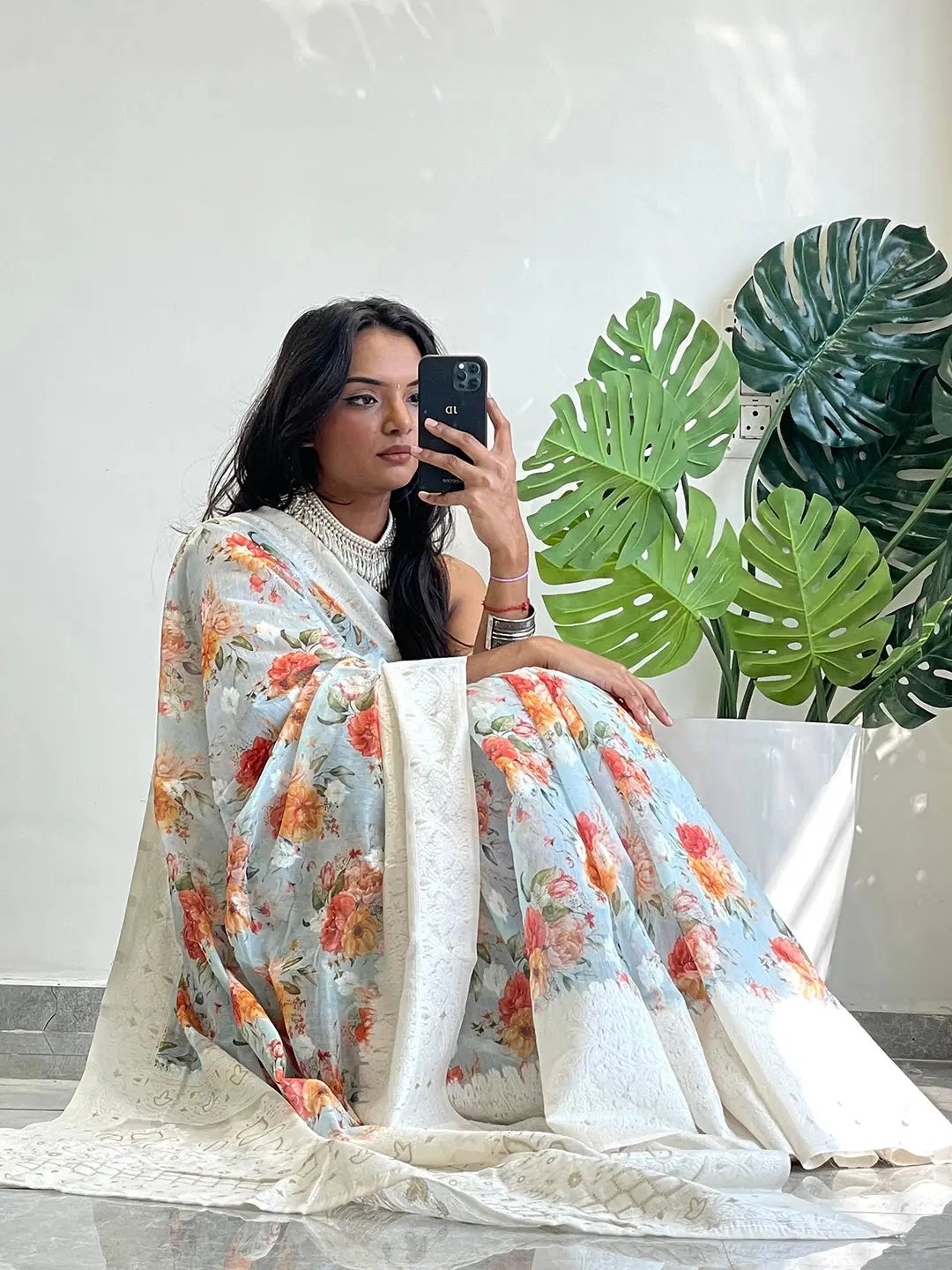 Stylish Lakhnavi saree with vibrant floral design