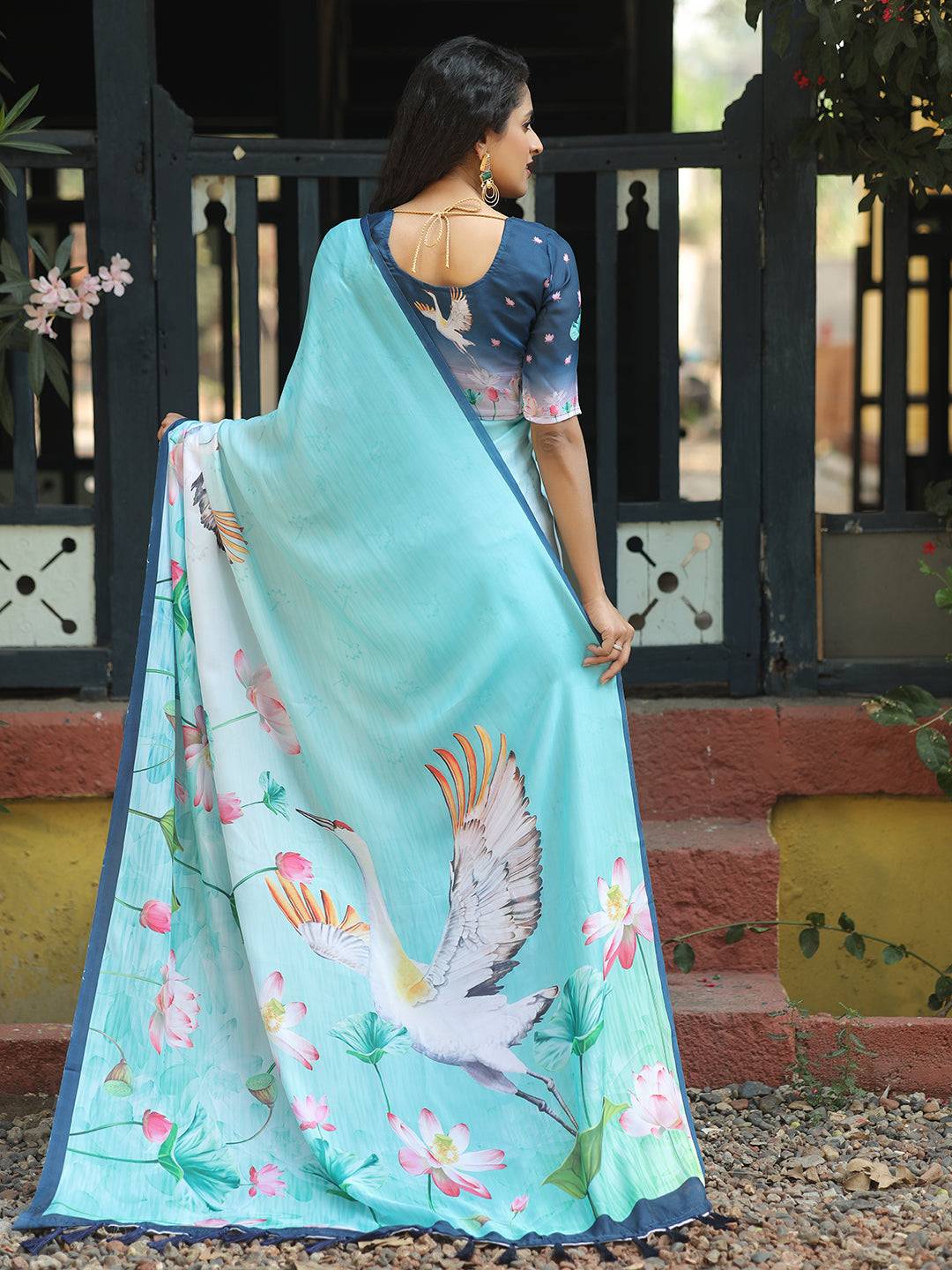 Beautiful Satin Georgette Aqua Colour Hand Print Saree