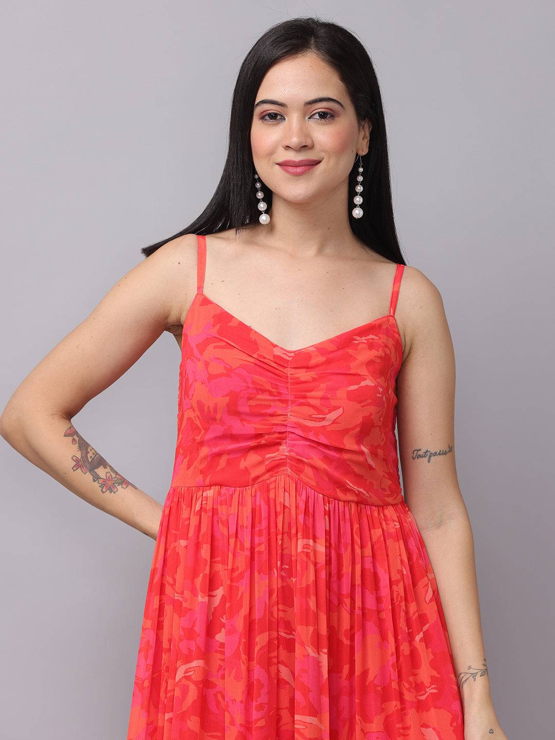 Radiant red floral ruched maxi dress front detail