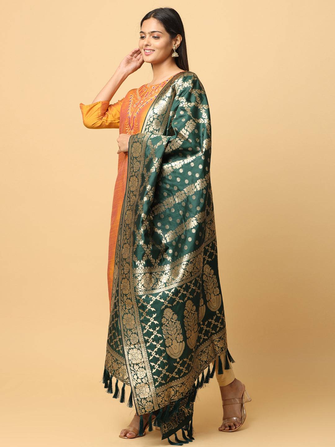 Side pose with Bollywood silk blend woven design dupatta.
