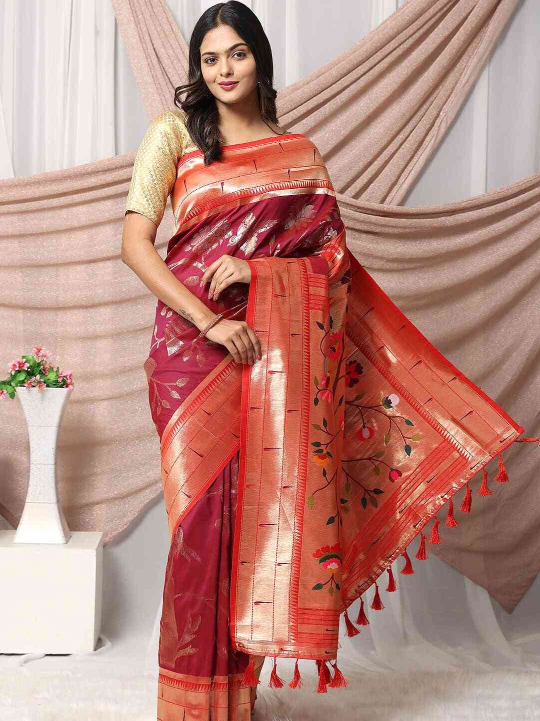 Woven Zari Paithani Silk Saree In Maroon Colour
