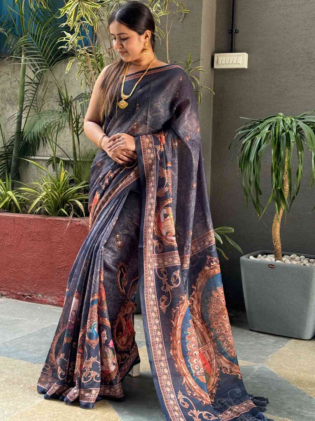 Exclusive Blue Colour Linen Saree with Digital Print