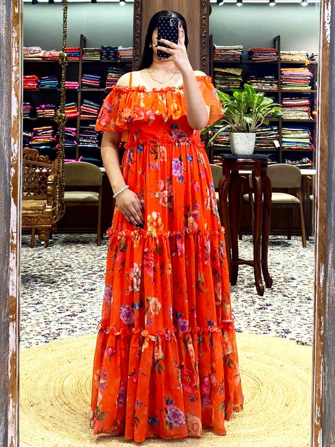 Sunny Orange Georgette Floral Dress