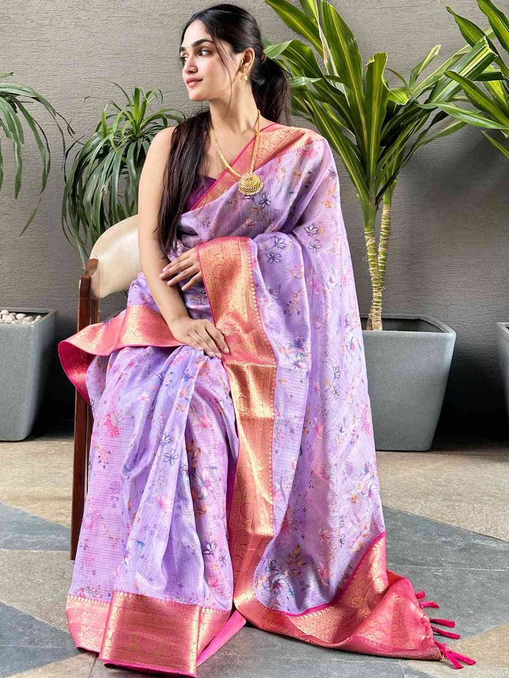 Stylish purple flower print Kota silk saree with gold border