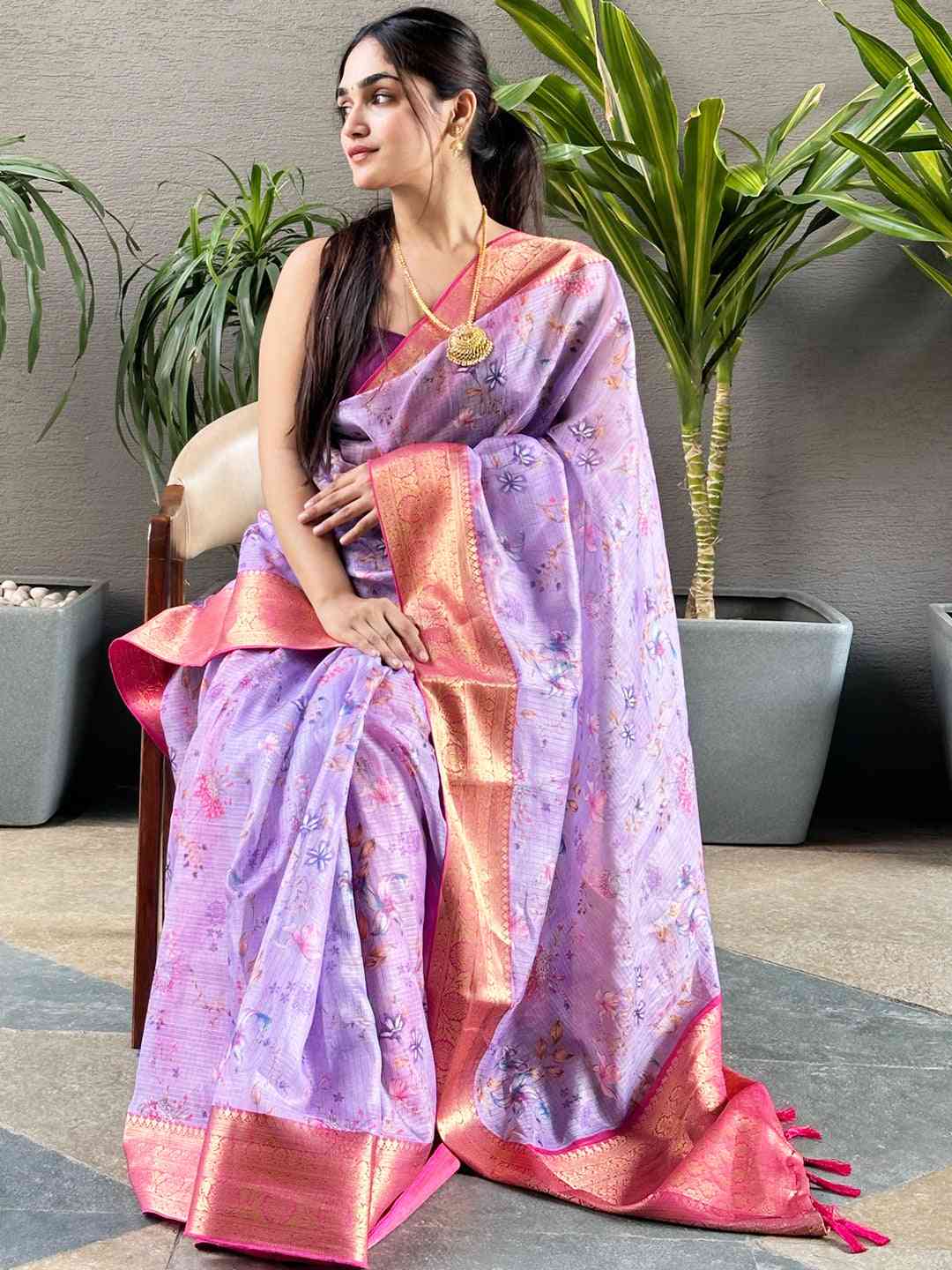 Stylish purple flower print Kota silk saree with gold border