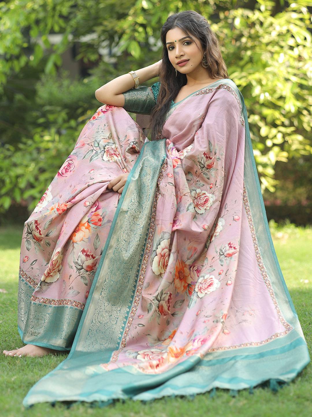 Light Pink Colour Phulkari Design Zari Weaving Pallu Saree