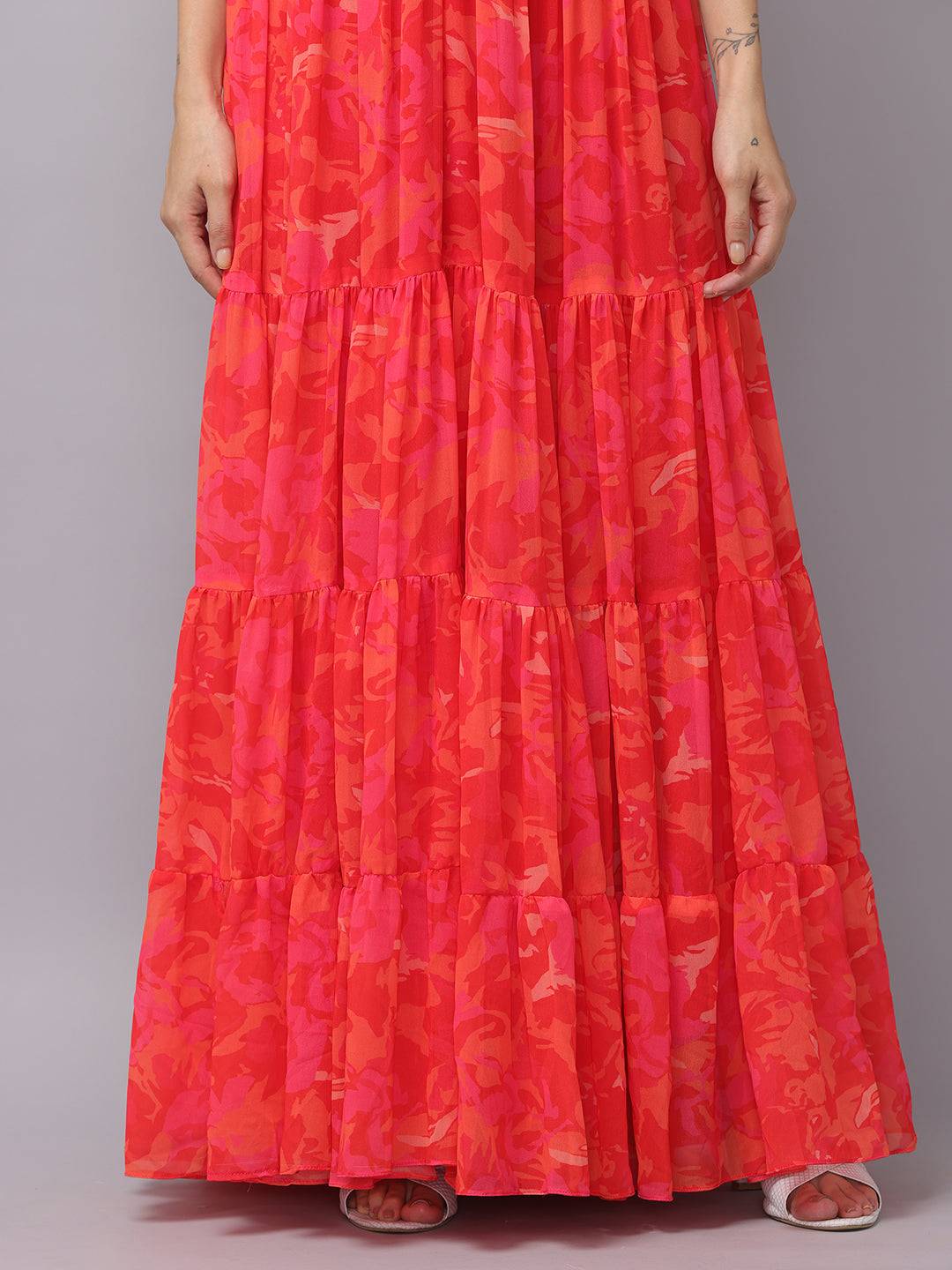 Radiant red floral ruched maxi dress skirt detail