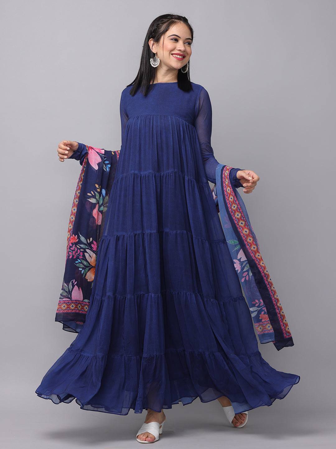 Model twirling in Royal Sapphire Blue Georgette Dress
