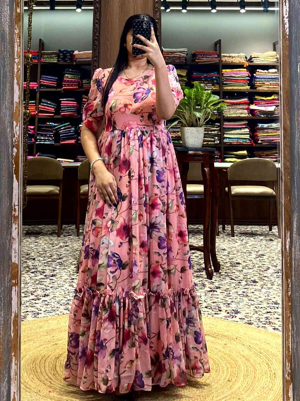 Salmon Pink Floral Georgette Dress