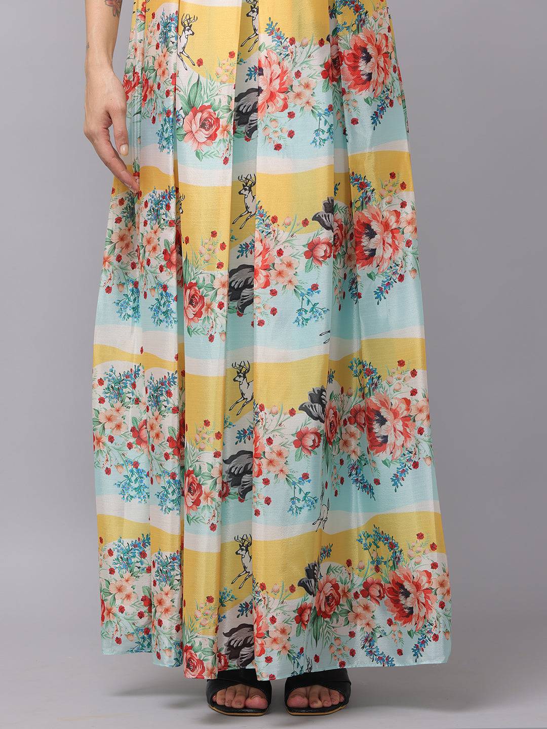 Detail of chiffon print sleeveless dress with floral pattern